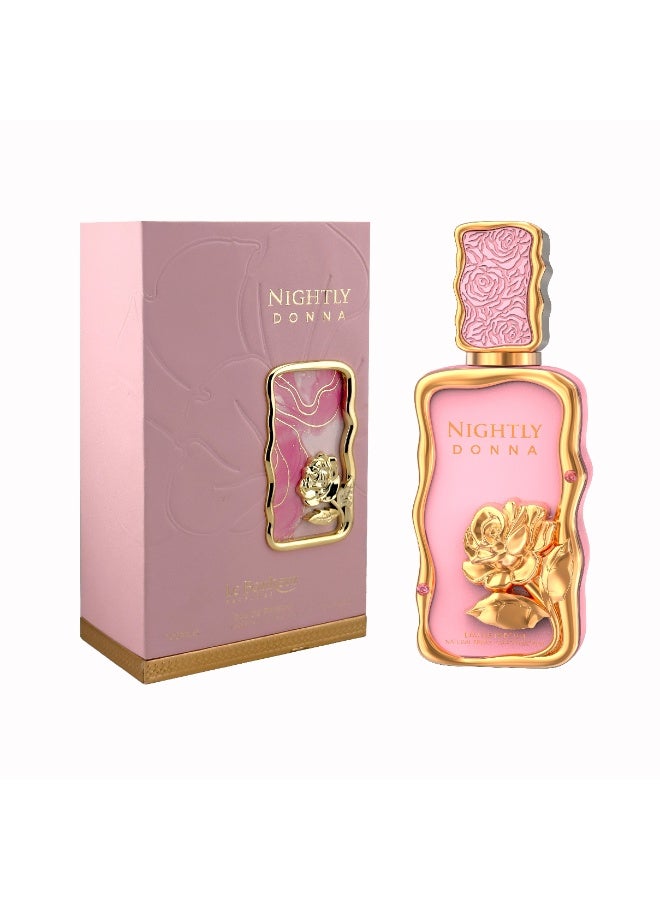 LE BONHEUR PERFUMES NIGHTLY DONNA Eau De Parfum 100ml Women Luxury Fresh Floral Fruity Scent – Long Lasting Perfume Spray with Sweet Raspberry, Strawberry, Cherry & Clean Musk for Women - Image 1